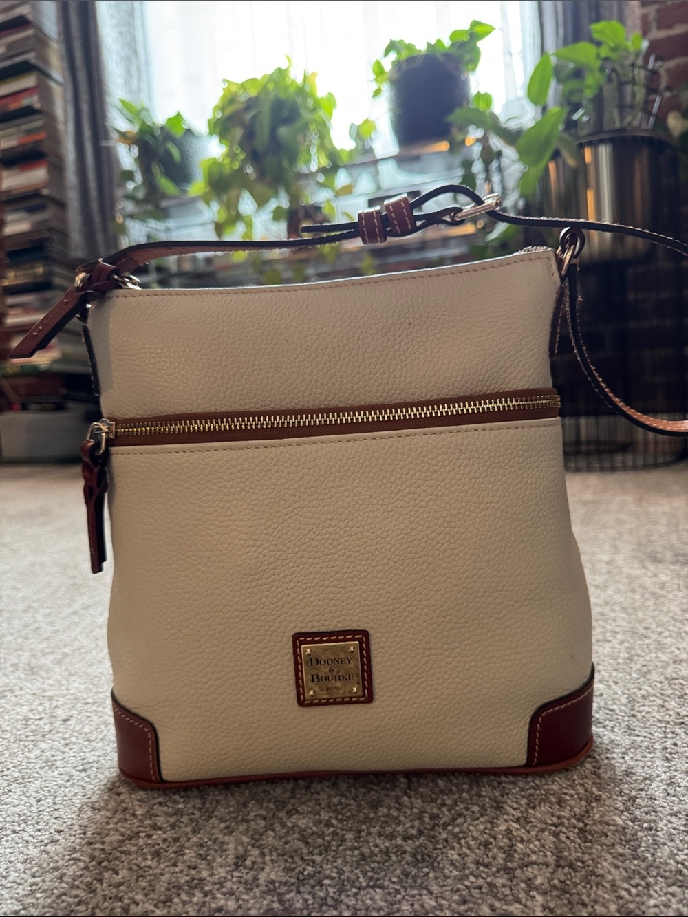 Dooney & Bourke Cream Leather Crossbody with Brown Trim and Gold Hardware